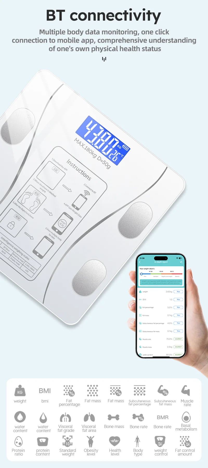 Smart Body Fat Scale for body management and fat loss, smart mode, Bluetooth body fat scale, home weight scale, ultra-precis
